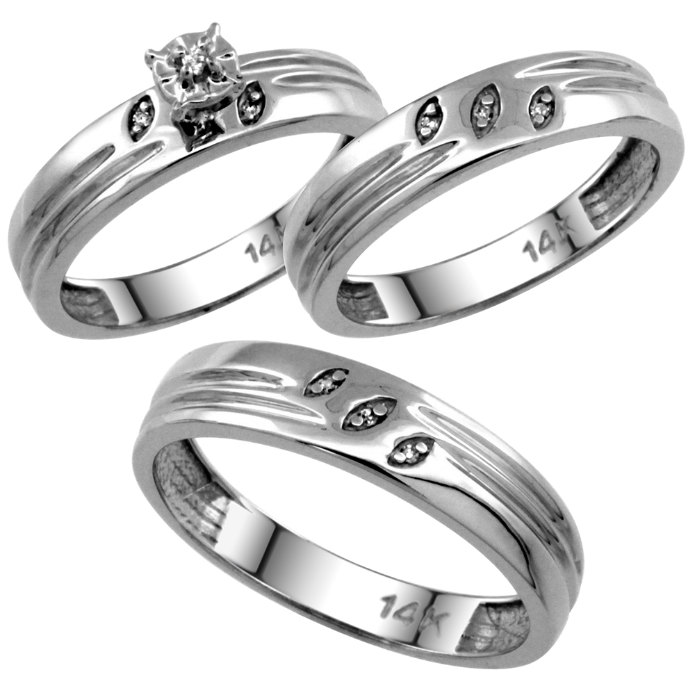 14k White Gold 3-Pc. Trio His (5mm) &amp; Hers (4.5mm) Diamond Wedding Ring Band Set, w/ 0.075 Carat Brilliant Cut Diamonds (Ladies&#039; Sizes 5-10; Men&#039;s Sizes 8 to 14)