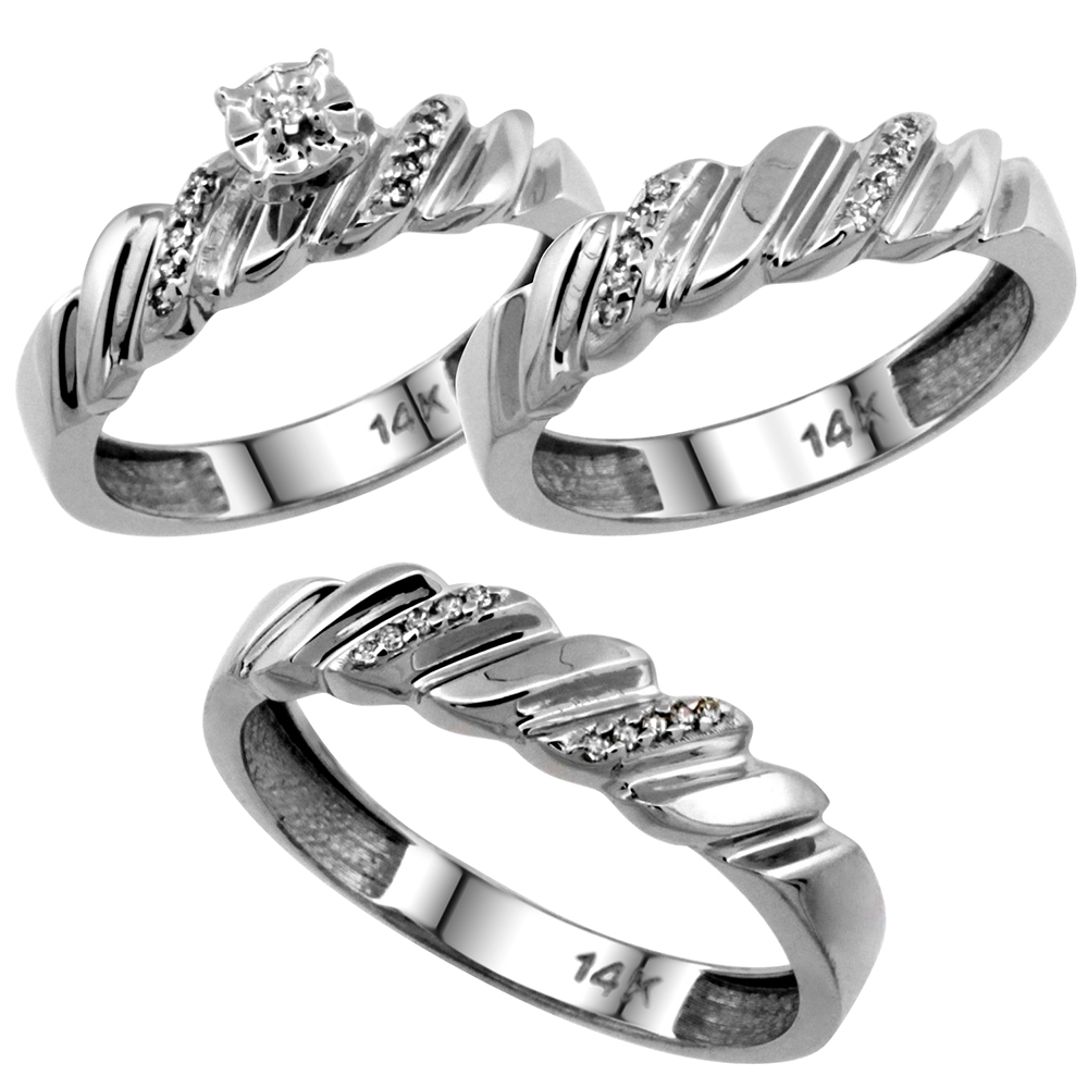14k White Gold 3-Pc. Trio His (5mm) & Hers (5mm) Diamond Wedding Ring Band Set, w/ 0.20 Carat Brilliant Cut Diamonds (Ladies' Sizes 5-10; Men's Sizes 8 to 14)