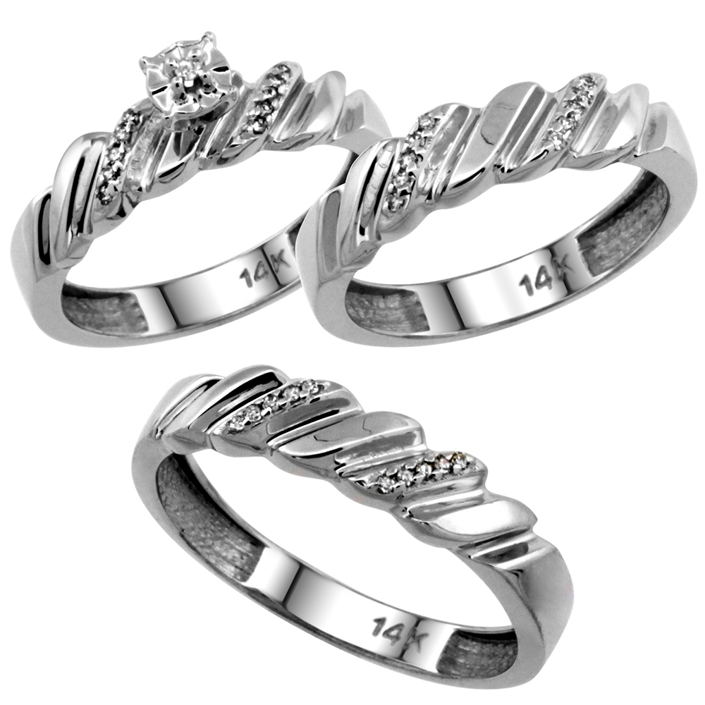 14k White Gold 3-Pc. Trio His (5mm) &amp; Hers (5mm) Diamond Wedding Ring Band Set, w/ 0.20 Carat Brilliant Cut Diamonds (Ladies&#039; Sizes 5-10; Men&#039;s Sizes 8 to 14)