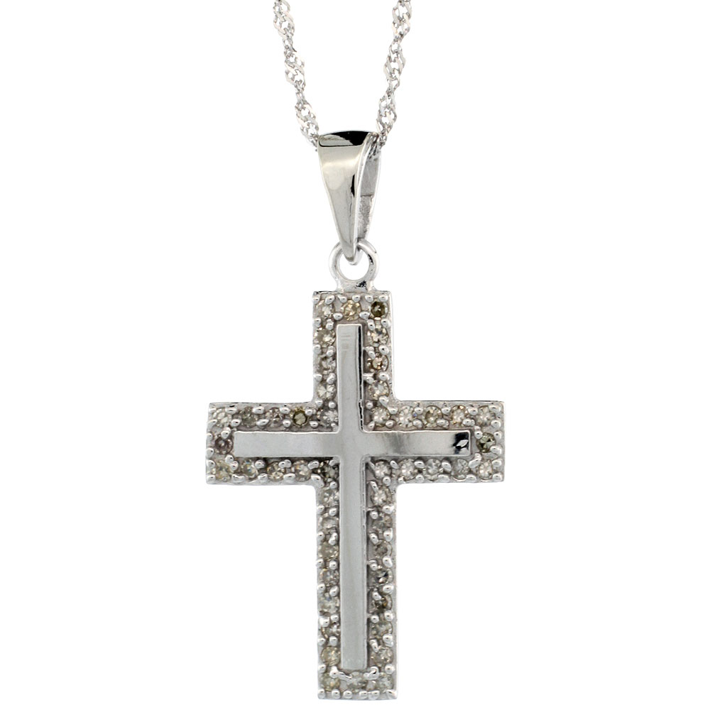 14k White Gold 18 in. Chain & 7/8 in. (23mm) tall Diamond Latin Cross Pendant, w/ 0.28 Carat Brilliant Cut Diamonds