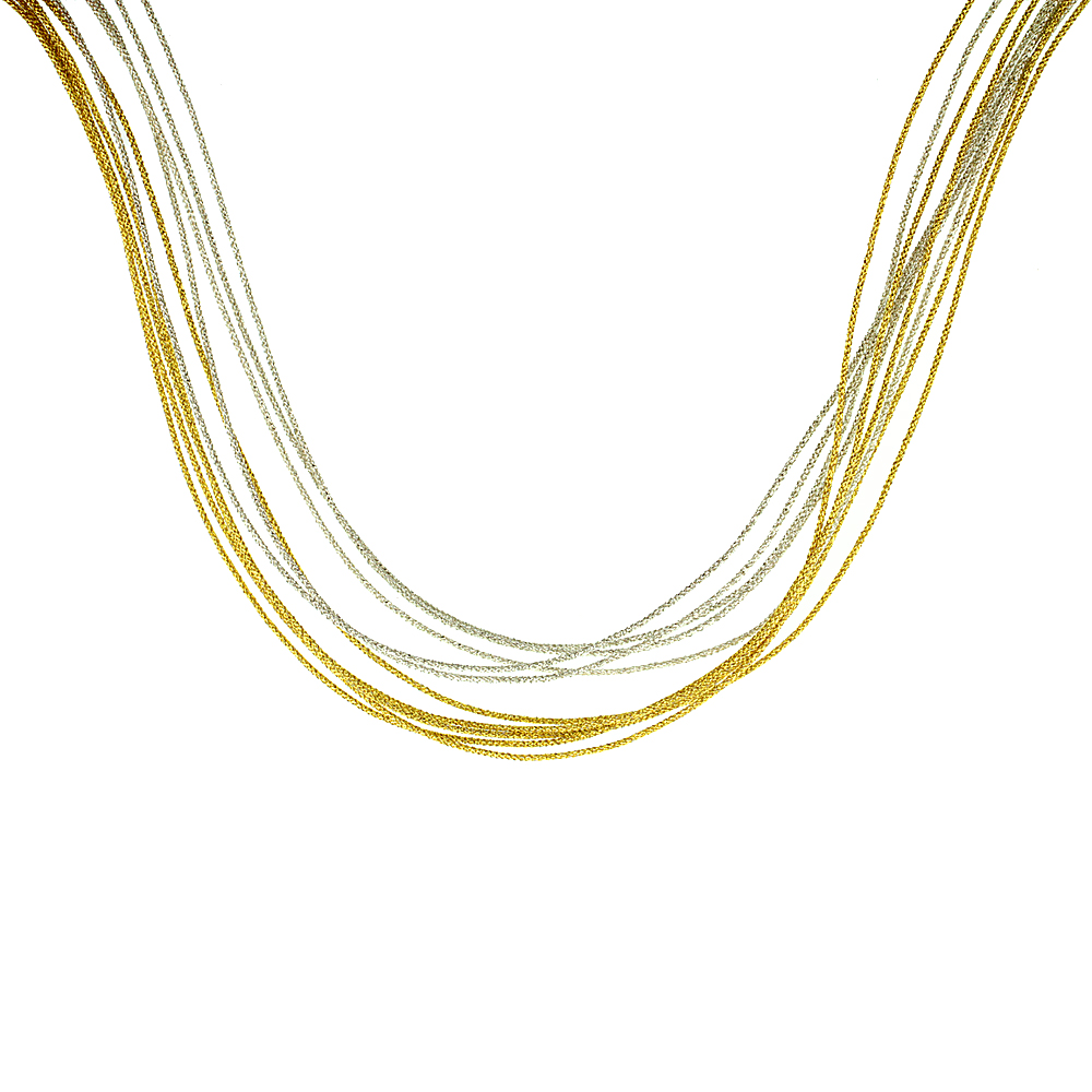 Japanese Silk Necklace 10 Strand Yellow &amp; Silver, Sterling Silver Clasp, 18 inch