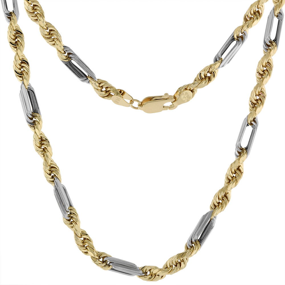 SEMI HOLLOW 14K 2-TONE GOLD 5MM MILANO ROPE FIGAROPE CHAIN NECKLACE & BRACELET FOR MEN & WOMEN HIGH POLISH 8-30 INCH