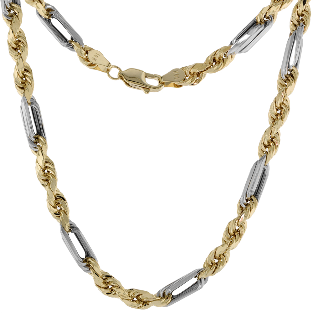 SEMI HOLLOW 14K 2-TONE GOLD 6MM MILANO ROPE FIGAROPE CHAIN NECKLACE & BRACELET FOR MEN & WOMEN HIGH POLISH 8-30 INCH