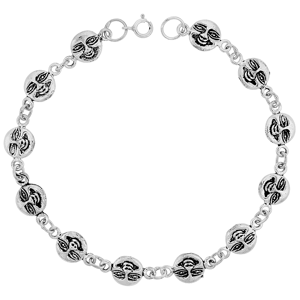 DAINTY STERLING SILVER HAPPY FACE BRACELET FOR WOMEN 3/8 WIDE 7.5 INCH LONG