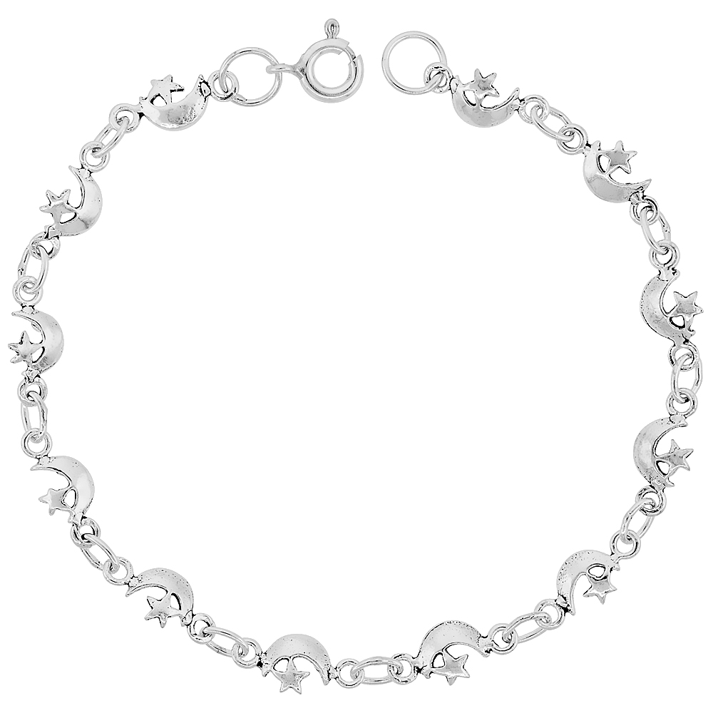 DAINTY STERLING SILVER MOON AND STAR BRACELET FOR WOMEN 1/4 WIDE 7.5 INCH LONG