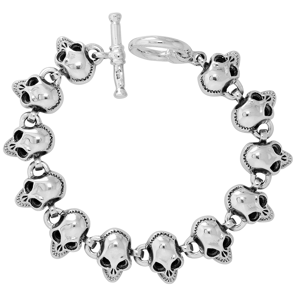 Sterling Silver Heavy Skull Bracelet for Men 5/8 inch wide, 8 inch long