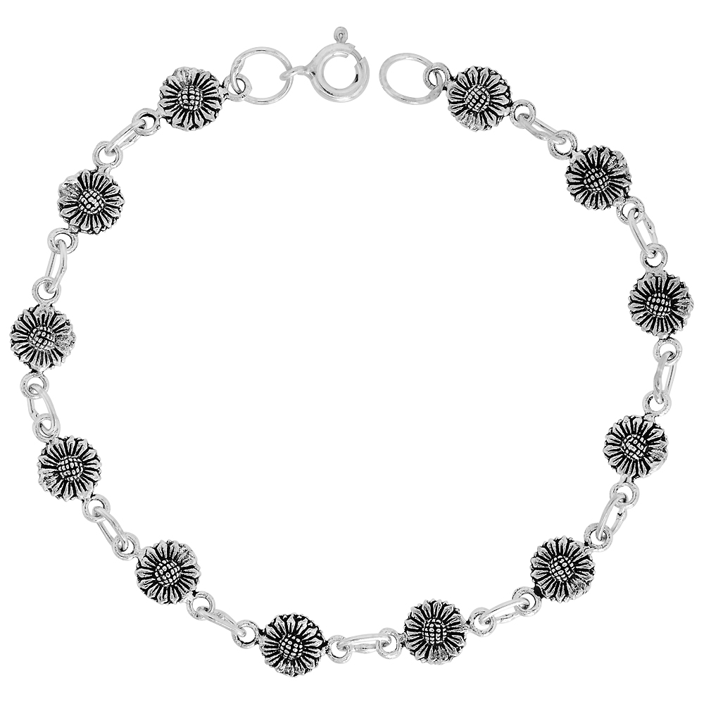 Dainty Sterling Silver Sunflower Bracelet for Women and Girls, 1/4 wide 7.5 inch long