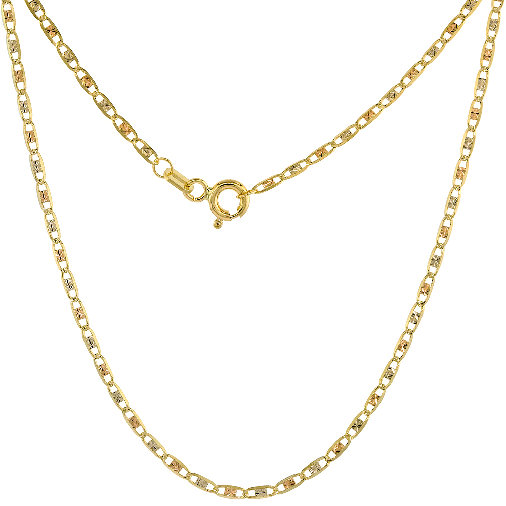 Solid 14K Tri-color Gold 1.8mm Star Diamond Cut Chain Necklace for Women Sparkling Flat Links 16-24 inch