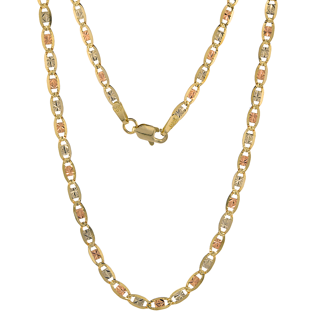 10K Solid Tri-color Gold Valentino Chain Necklaces Diamond cut 2.8mm Nickel Free, 16-24 inches long