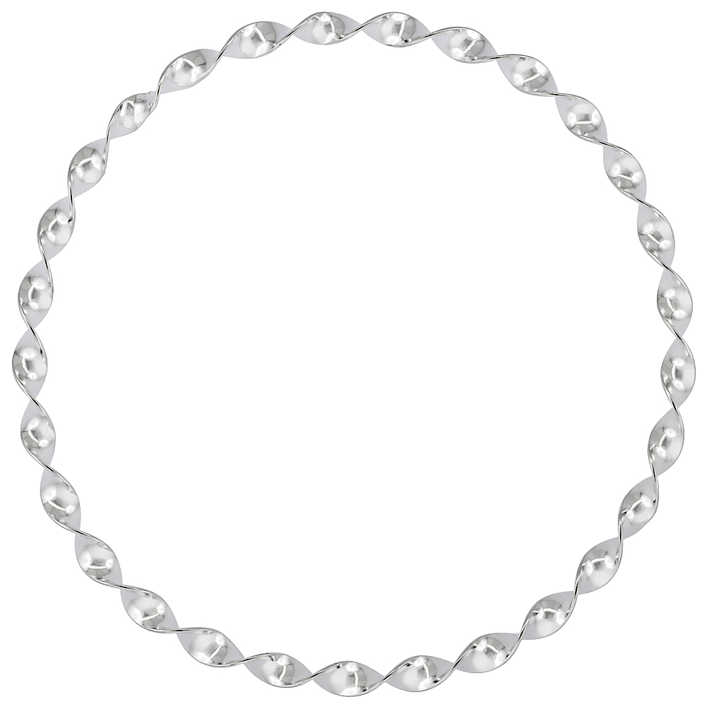 4mm Ftat Wire Sterling Silver Twisted Bangle Bracelet for Women Stackable Slip-On fits 7 1/2 inch Wrist sizes