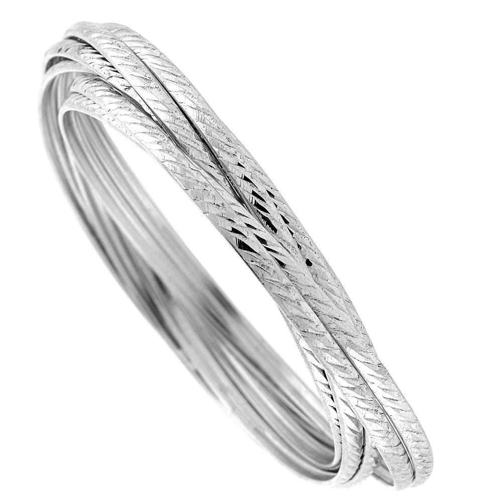 Sterling Silver 7-day Diagonal Diamond cut Bangle, fits 7 inch wrists