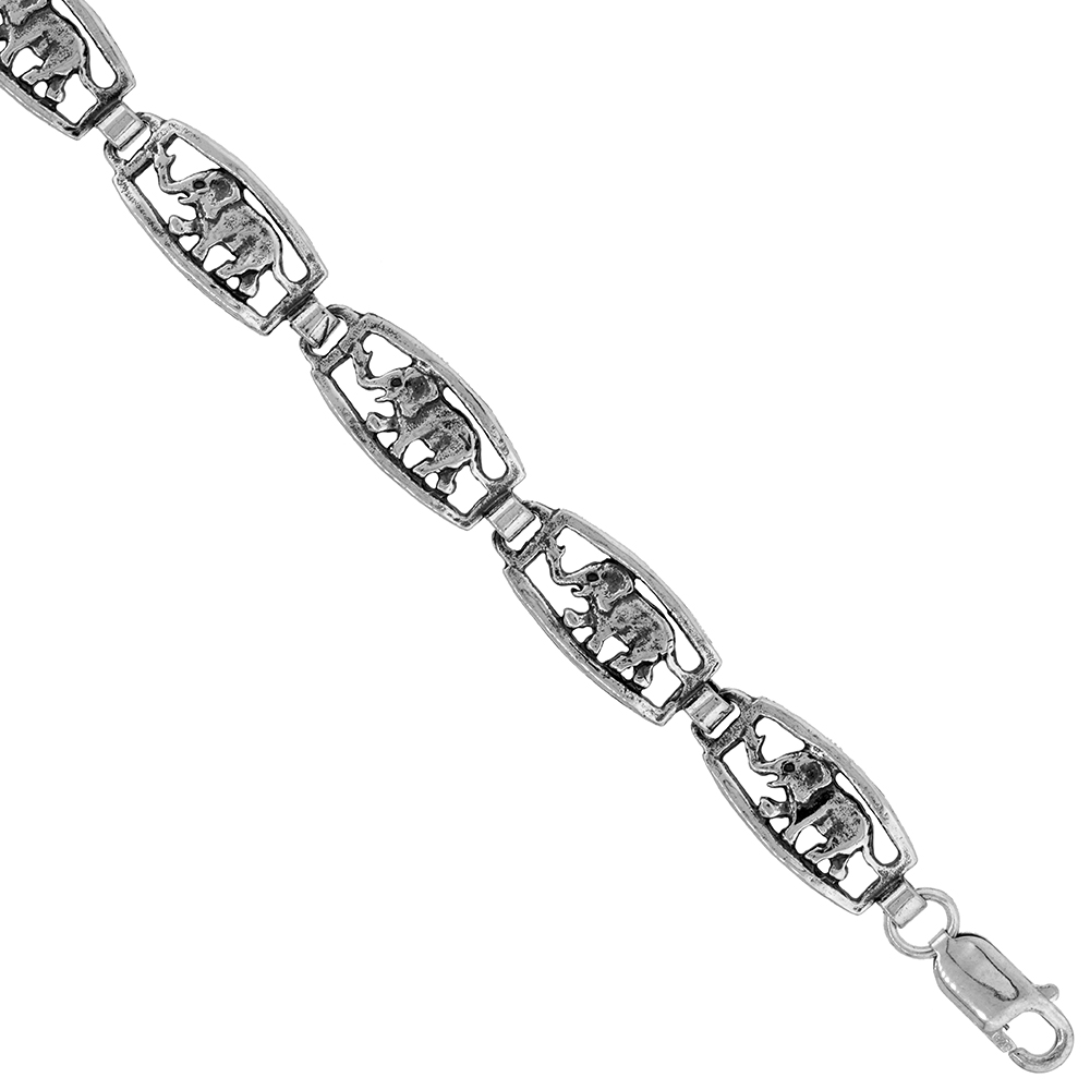 Sterling Silver Elephant Bracelet for Women Linked Square Cut Outs Oxidized Antiqued Finished 3/8 wide 7 inch long