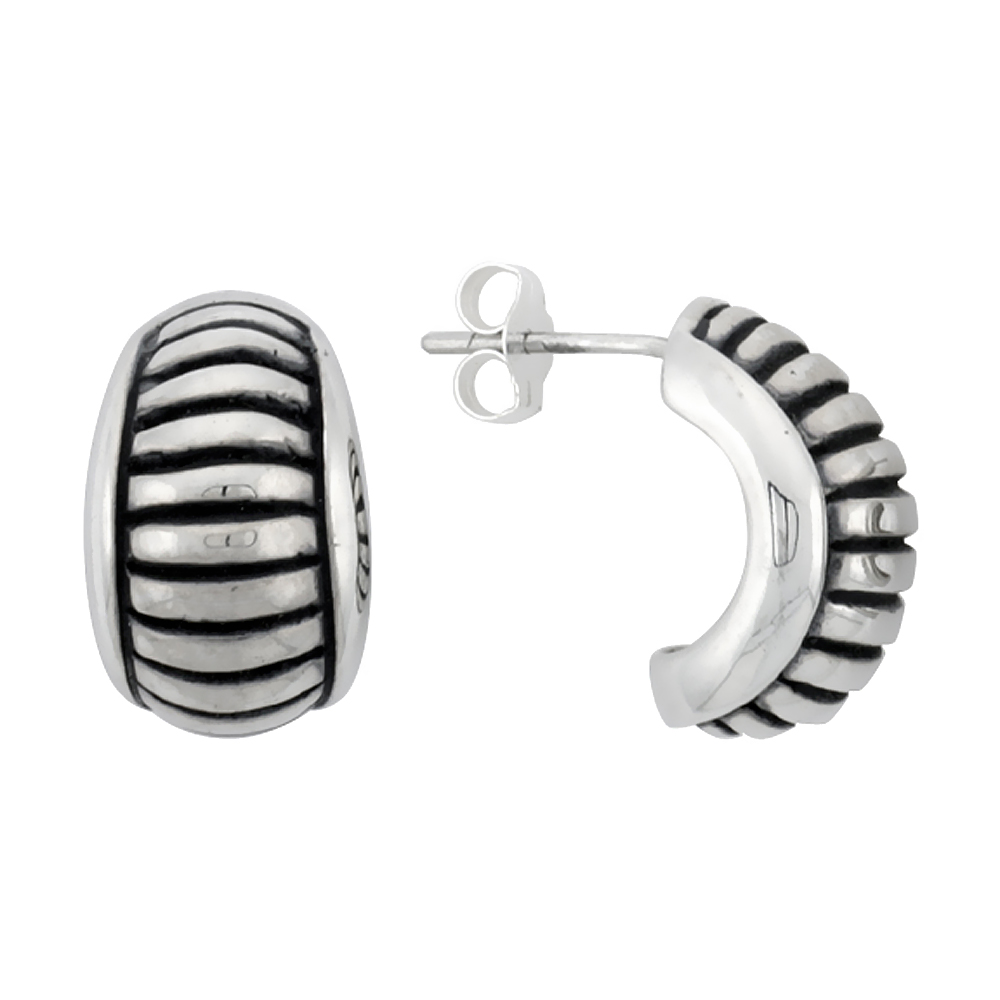 5/8 inch Sterling Silver Horizontal Grooves Half Hoop Post Earrings for Women Antiqued Finish 3/8 inch wide