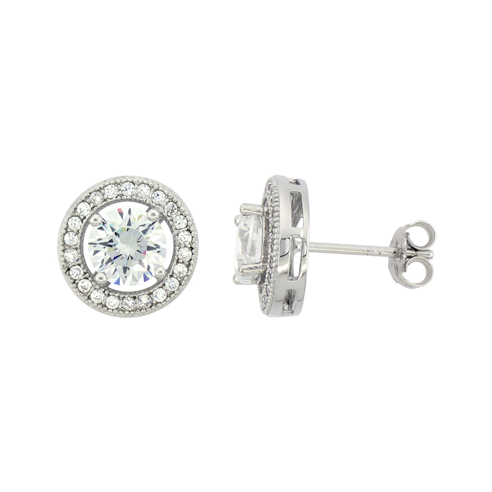 STERLING SILVER CUBIC ZIRCONIA MICRO PAVE HALO STUD EARRINGS 1 CT CENTER 7/16 INCH