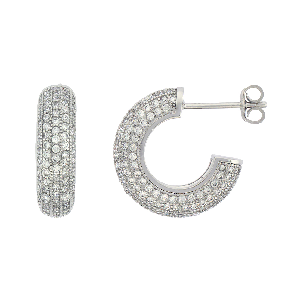 STERLING SILVER CUBIC ZIRCONIA MICRO PAVE POST HOOP EARRINGS 5/8 INCH