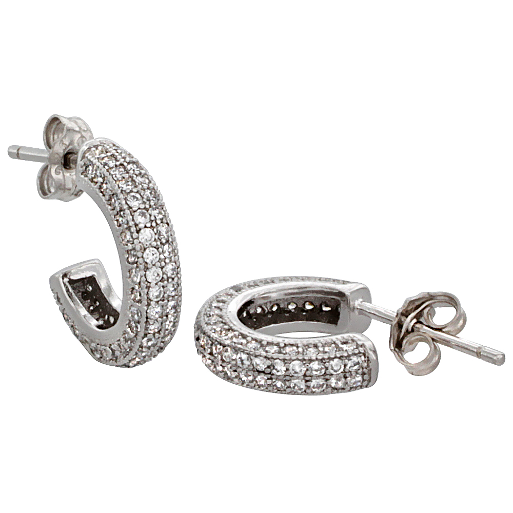 STERLING SILVER CUBIC ZIRCONIA MICRO PAVE POST HOOP EARRINGS 1/2 INCH