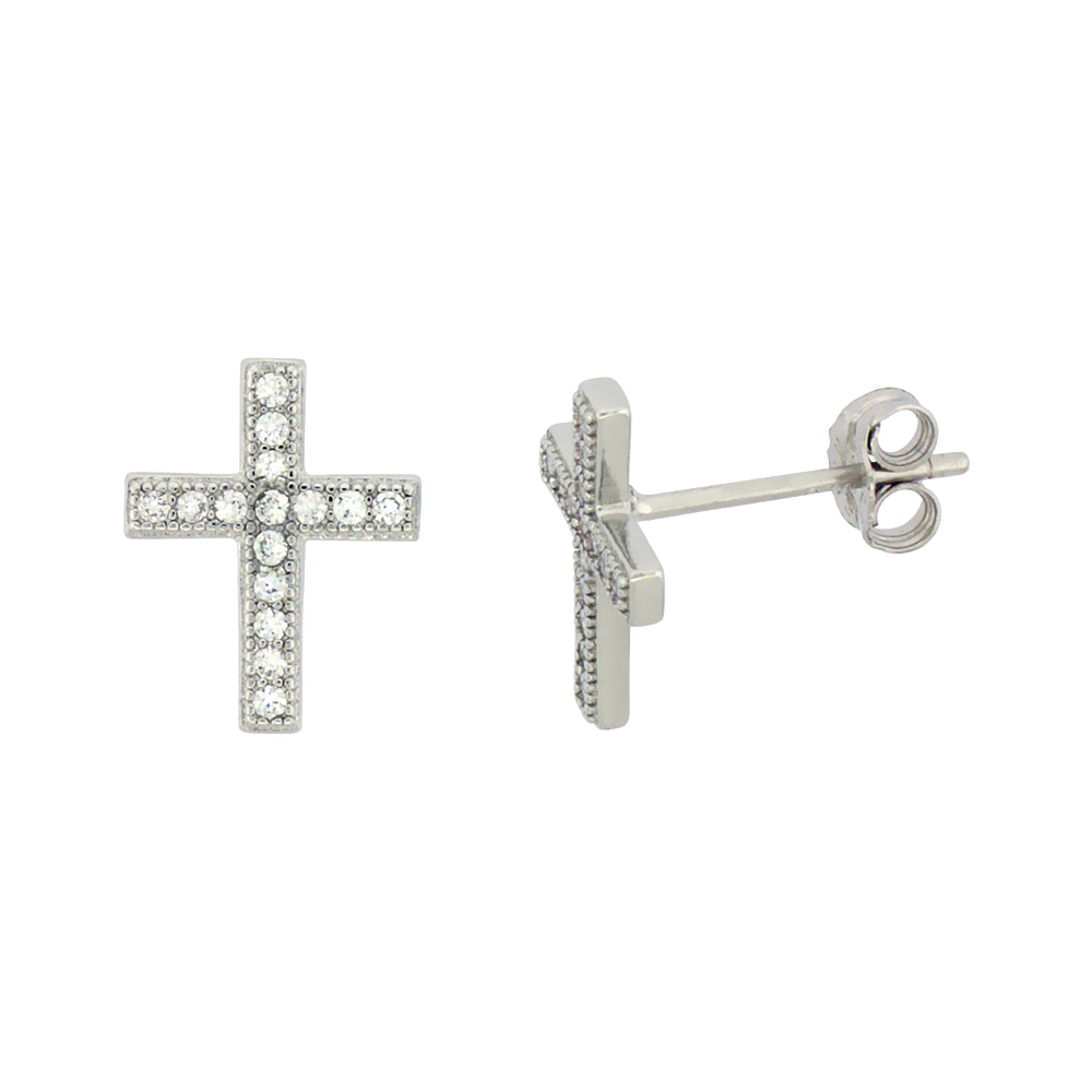 Sterling Silver Cubic Zirconia Cross Stud Earrings Micro Pave 1/2 inch