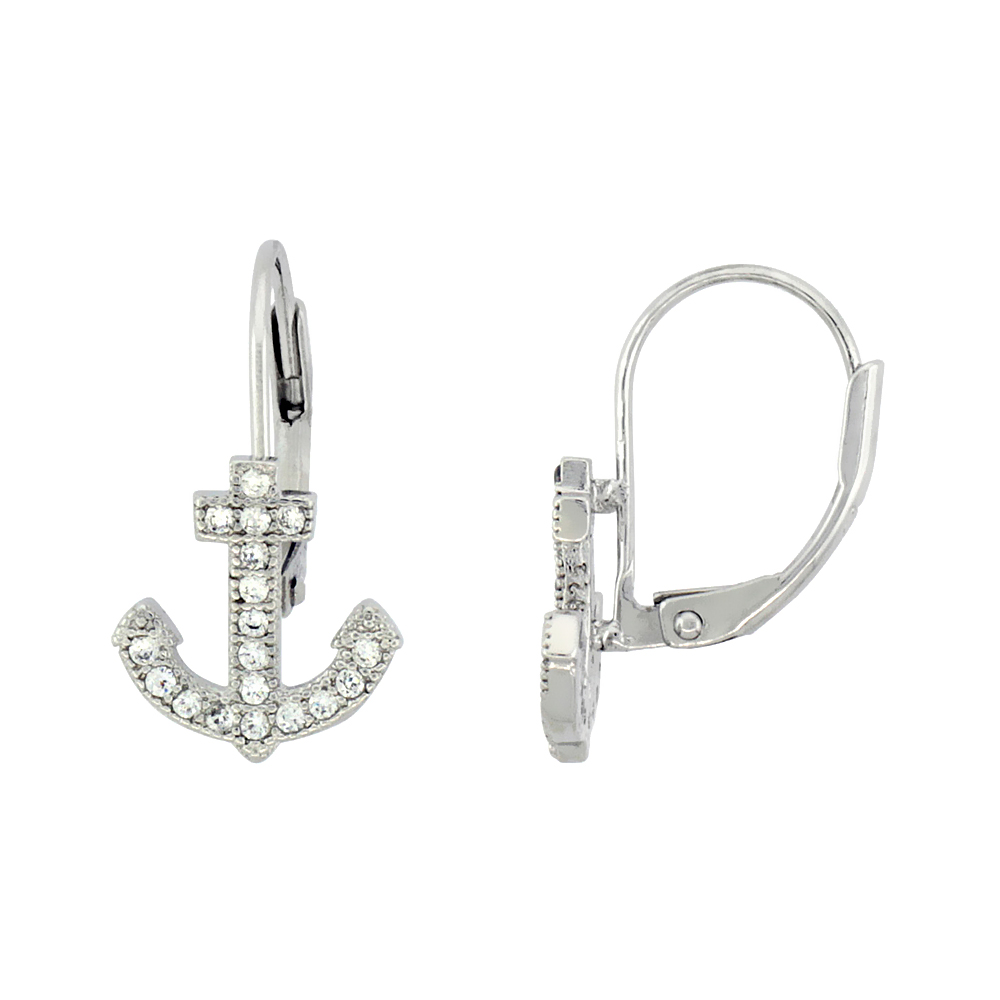 STERLING SILVER CUBIC ZIRCONIA ANCHOR EARRINGS LEVER BACK MICRO PAVE 7/16 INCH