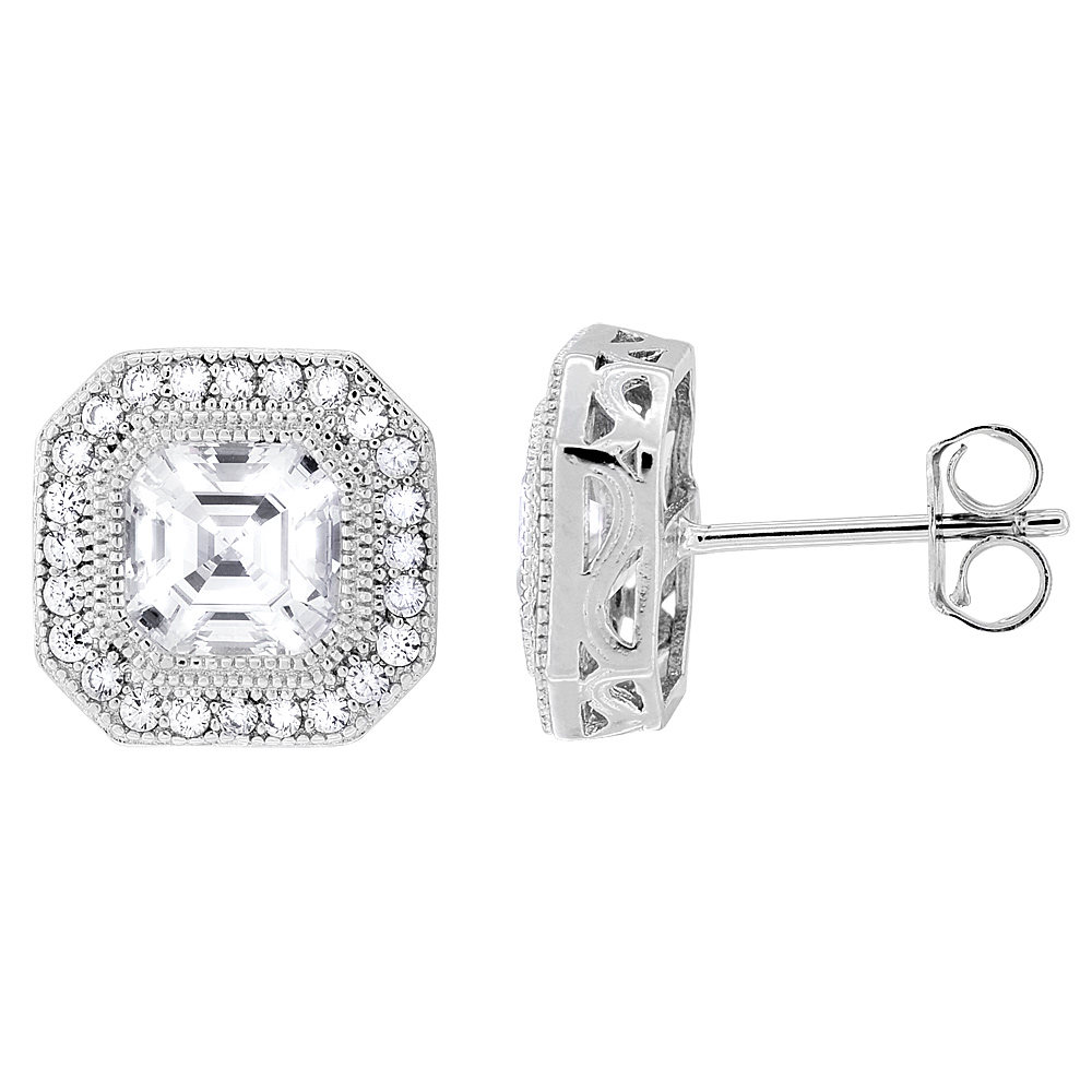 STERLING SILVER CUBIC ZIRCONIA MICRO PAVE OCTAGON STUD EARRINGS 7/16 INCH