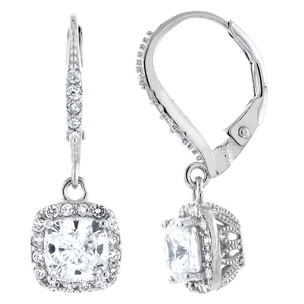 STERLING SILVER CUBIC ZIRCONIA SQUARE DANGLING LEVER BACK EARRINGS 1 INCH LONG
