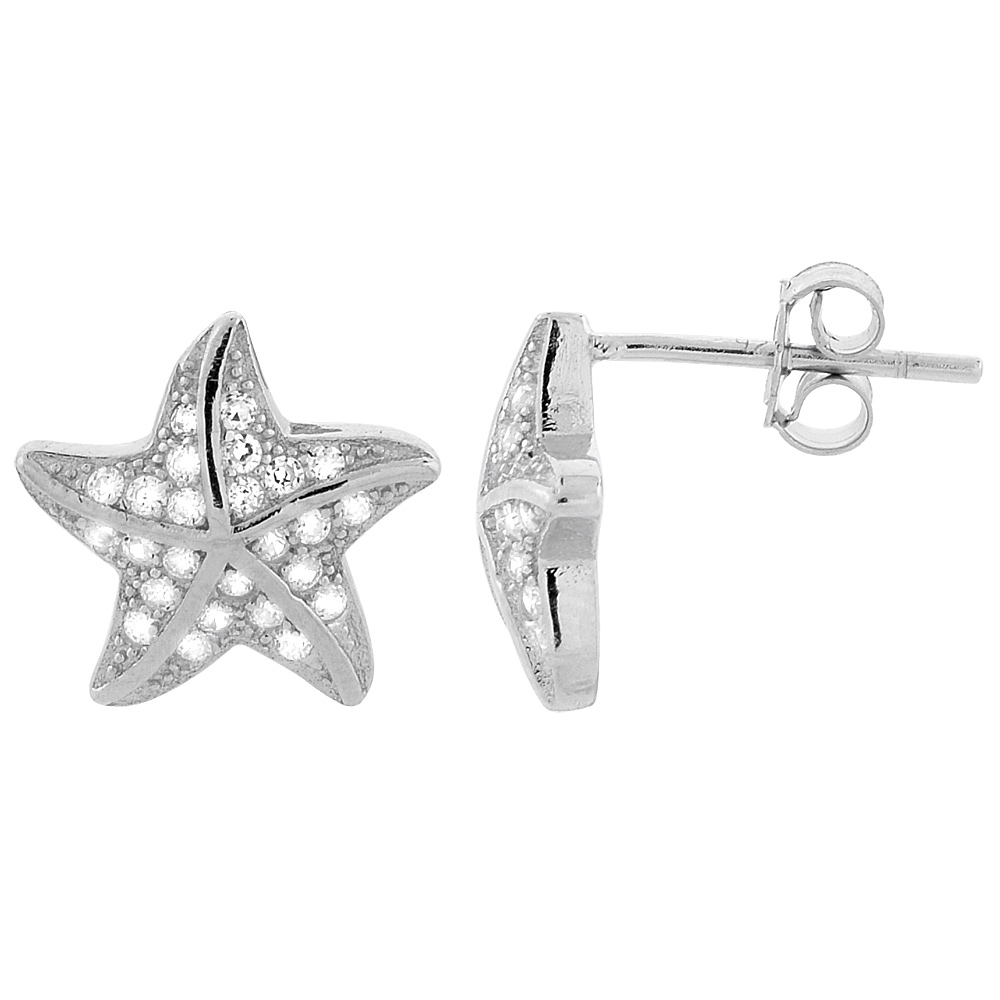 STERLING SILVER CUBIC ZIRCONIA MICRO PAVE STARFISH STUD EARRINGS 7/16 INCH WIDE