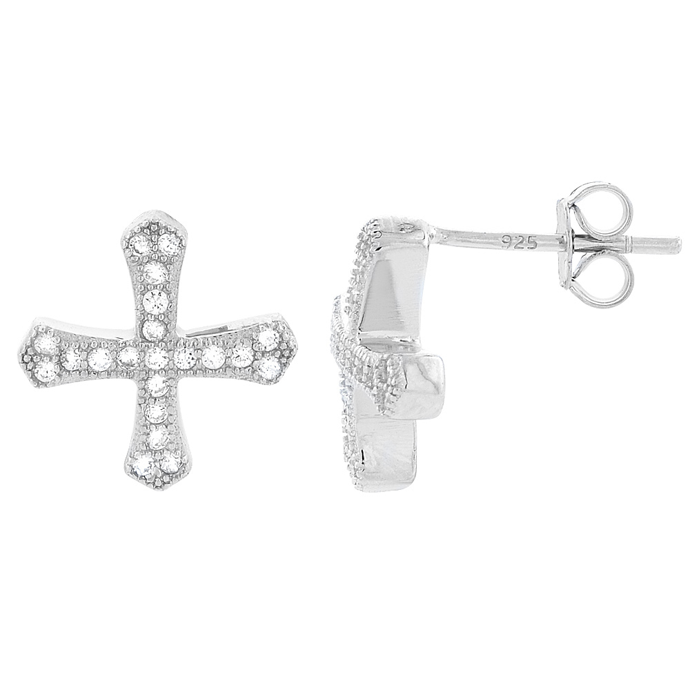 STERLING SILVER CUBIC ZIRCONIA MICRO PAVE CROSS STUD EARRINGS 1/2 INCH WIDE