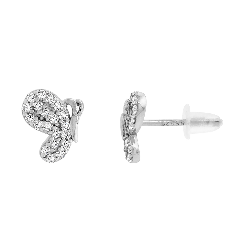 STERLING SILVER CUBIC ZIRCONIA MICRO PAVE BUTTERFLY STUD EARRINGS, 5/16 INCH LONG