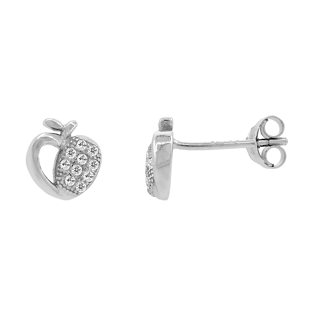 STERLING SILVER CUBIC ZIRCONIA MICRO PAVE APPLE STUD EARRINGS, 1/4 INCH LONG