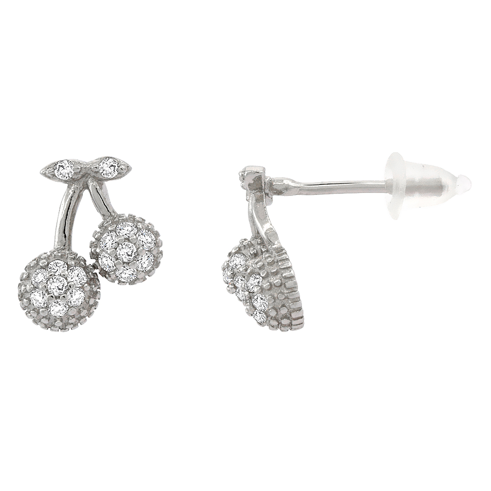 STERLING SILVER CUBIC ZIRCONIA MICRO PAVE CHERRY STUD EARRINGS, 3/8 INCH LONG