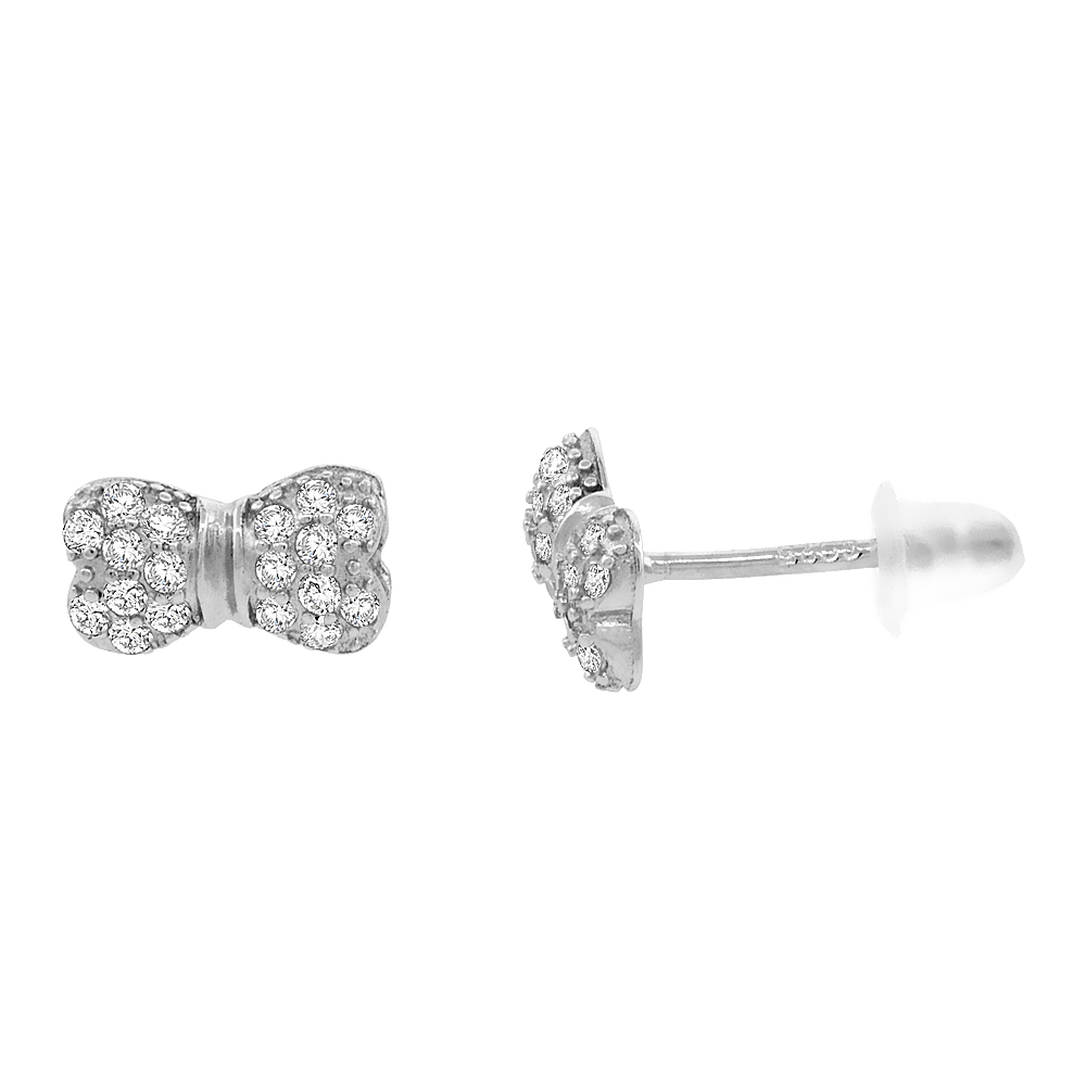 STERLING SILVER CUBIC ZIRCONIA MICRO PAVE BOW STUD EARRINGS, 3/16 INCH LONG