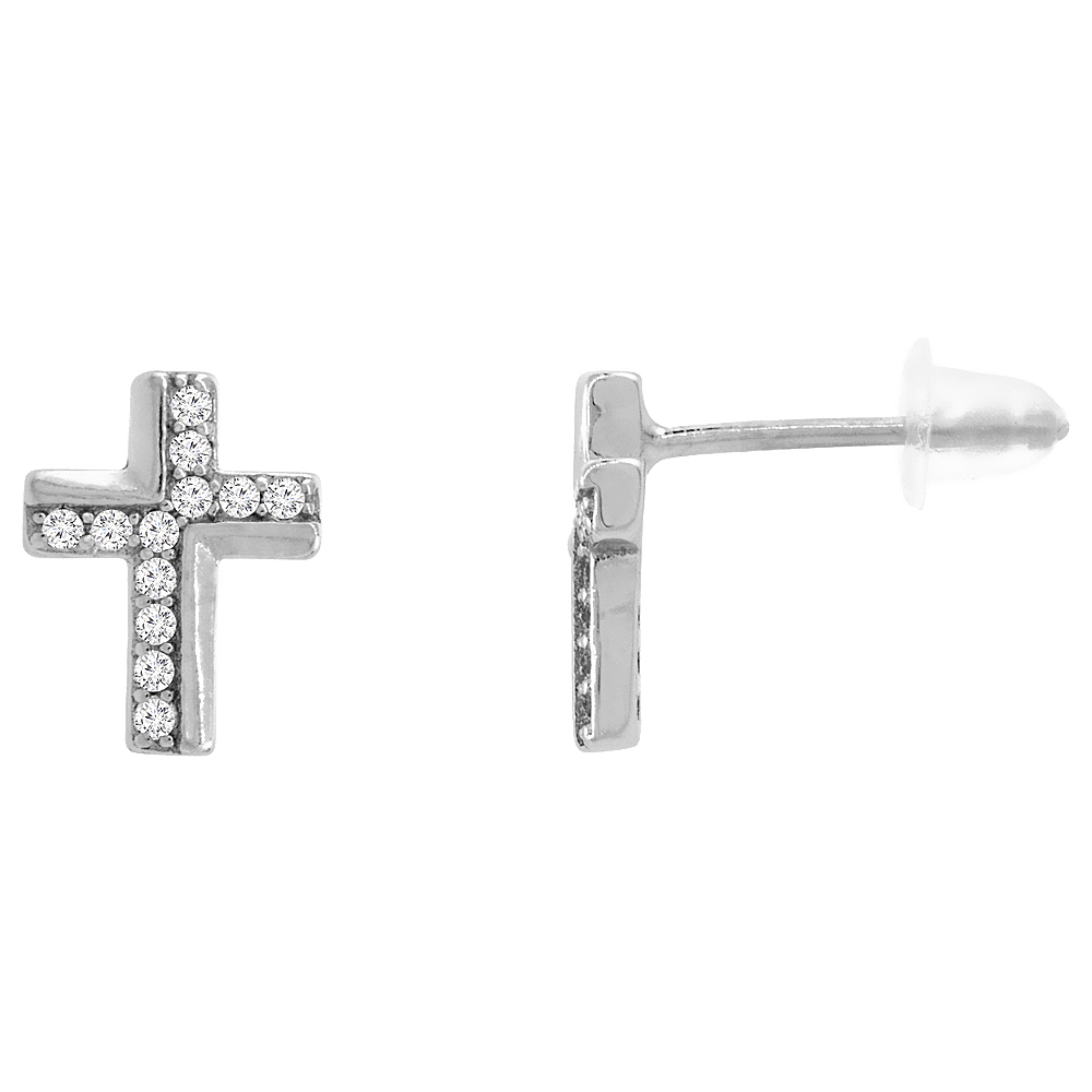STERLING SILVER CUBIC ZIRCONIA MICRO PAVE CROSS STUD EARRINGS, 5/16 INCH LONG