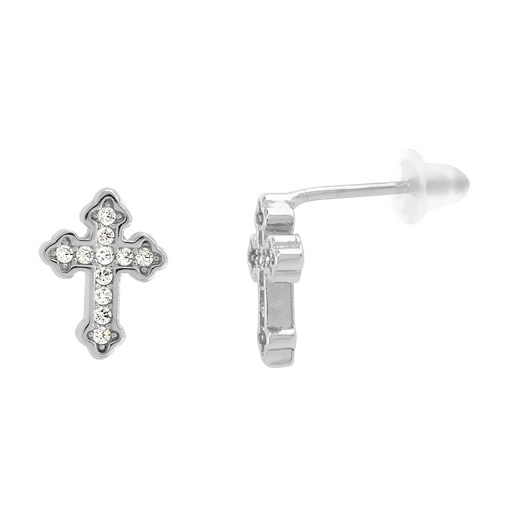 STERLING SILVER CUBIC ZIRCONIA MICRO PAVE CROSS STUD EARRINGS, 7/16 INCH LONG