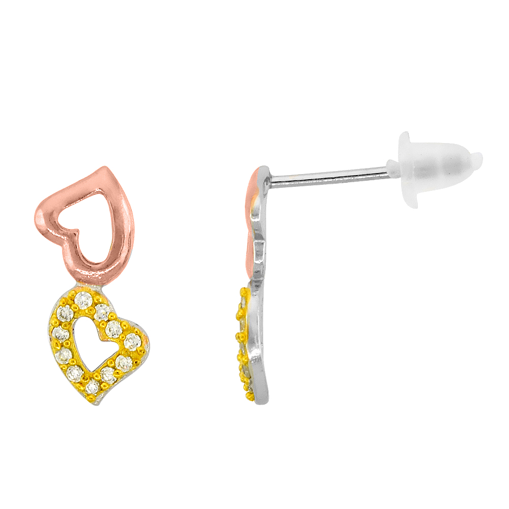 STERLING SILVER CUBIC ZIRCONIA MICRO PAVE DANGLING DOUBLE HEART STUD EARRINGS TWO-TONE, 1/2 INCH LONG