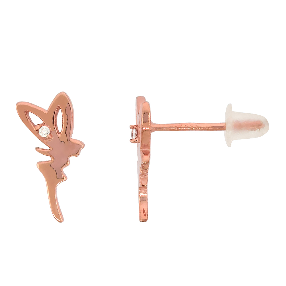 STERLING SILVER CUBIC ZIRCONIA MICRO PAVE FAIRY STUD EARRINGS, 7/16 INCH WIDE