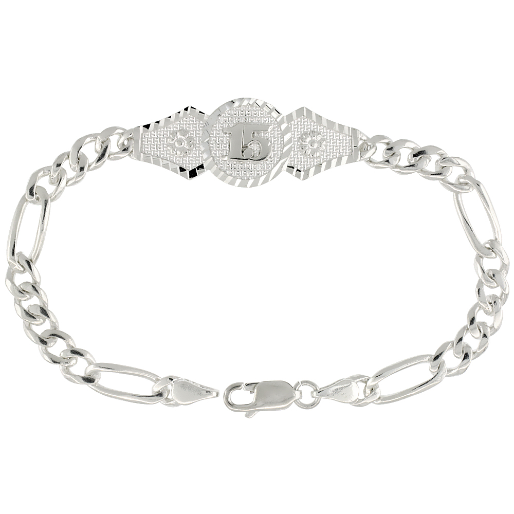 Sterling Silver Quinceanera Bracelet for Girls with Figaro Links Diamond Cut finish 1/2 inch wide 7 inch long