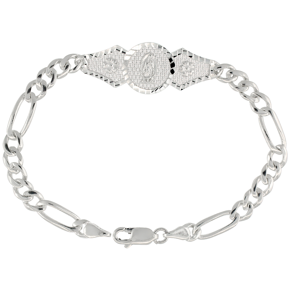 STERLING SILVER GUADALUPE BRACELET FOR WOMEN WITH FIGARO LINKS DIAMOND CUT FINISH & MEN 1/2 INCH WIDE 8 INCH LONG