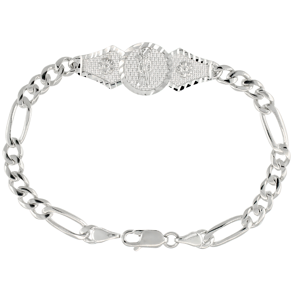 STERLING SILVER SANTA MUERTE FIGARO LINK BRACELET FOR WOMEN 1/2 INCH WIDE 7 INCH LONG