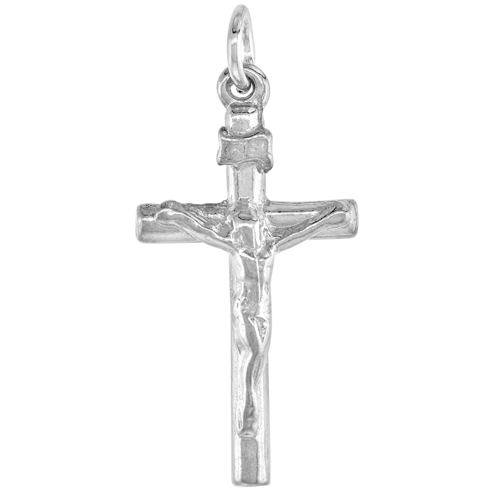 PLAIN TUBULAR STERLING SILVER CRUCIFIX PENDANT WOMEN MEN 1 1/8 INCH