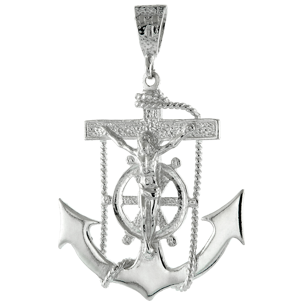 LARGE STERLING SILVER ANCHOR CROSS MARINERS CROSS PENDANT 8MM BALE POLISHED HEAVY, 2 INCH