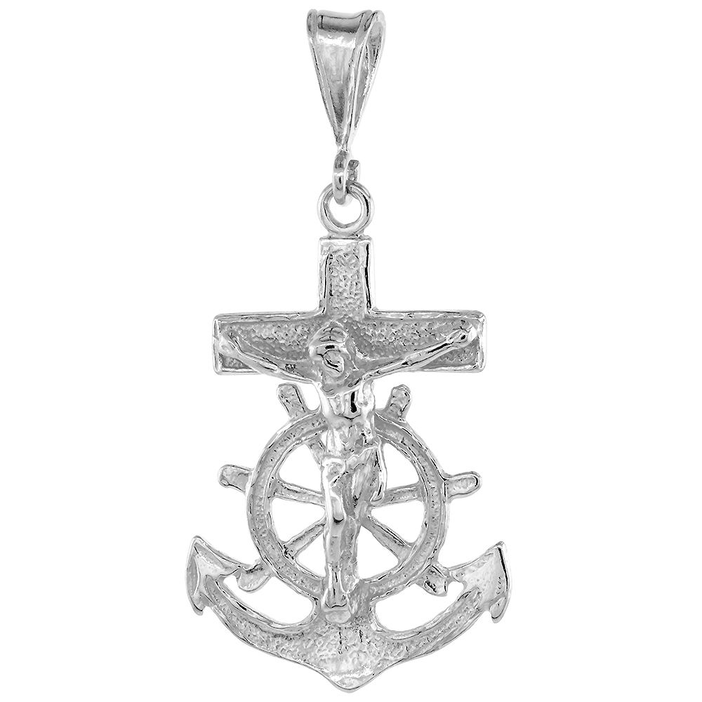 STERLING SILVER MARINERS ANCHOR CROSS PENDANT MEN 1 1/2 INCH