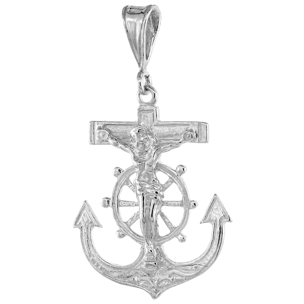 LARGE OPEN STERLING SILVER MARINERS ANCHOR CROSS PENDANT MEN 1 1/4 INCH