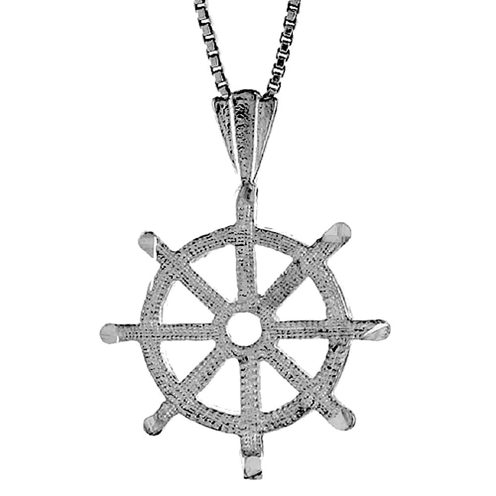 STERLING SILVER SHIPS WHEEL PENDANT, 3/4 INCH