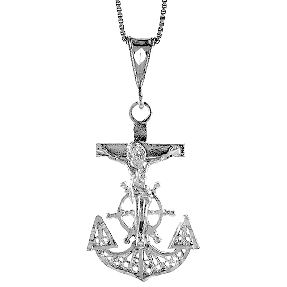 STERLING SILVER MARINERS ANCHOR CROSS PENDANT FILIGREE, 1 3/8 INCH