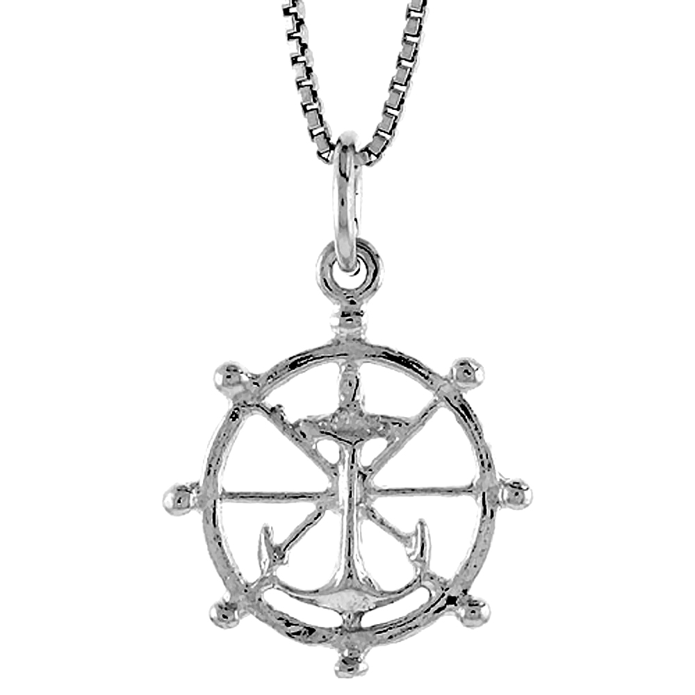STERLING SILVER SHIPS WHEEL & ANCHOR PENDANT, 3/4 INCH