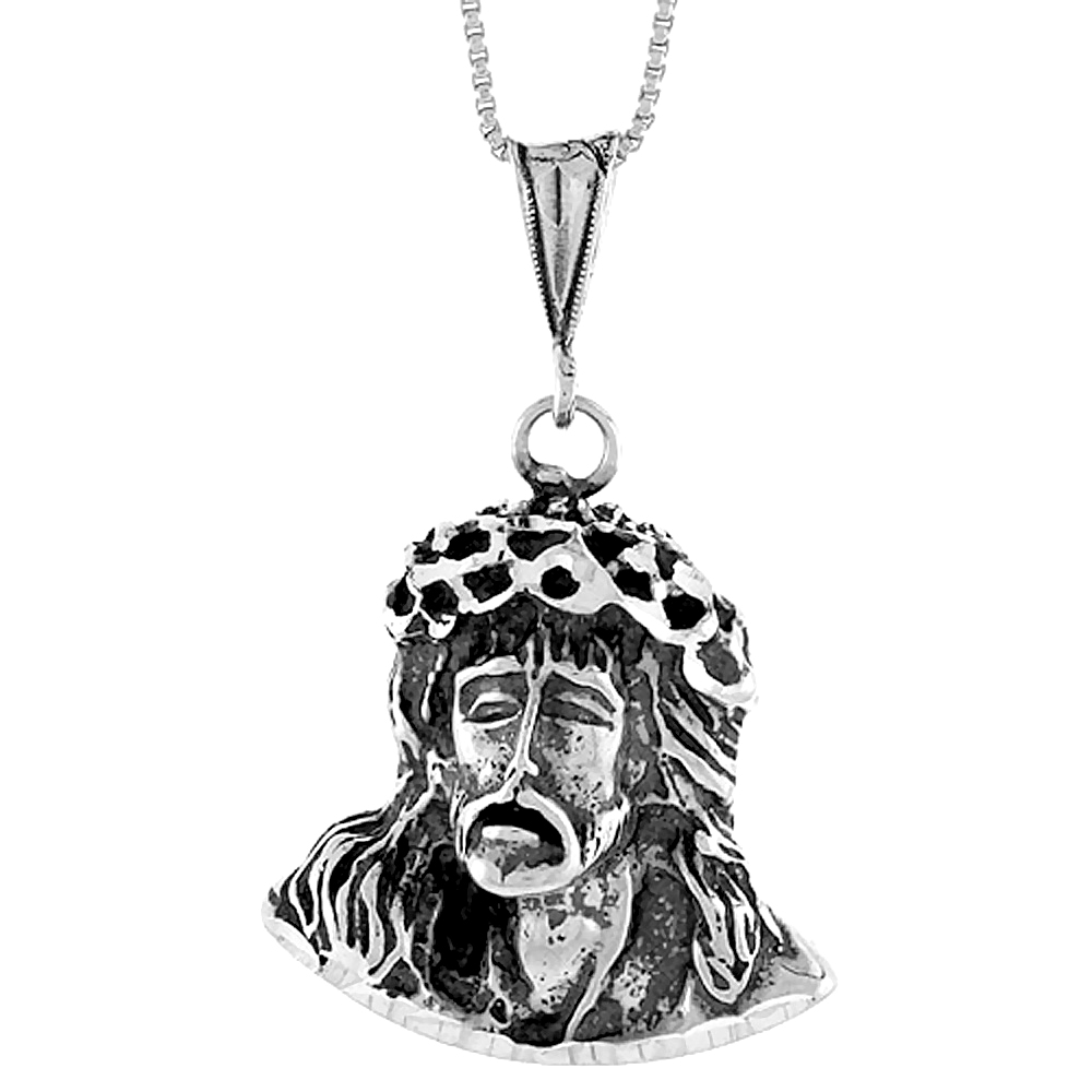 STERLING SILVER CHRIST WITH CROWN OF THORNS PENDANT, 1 1/4 INCH
