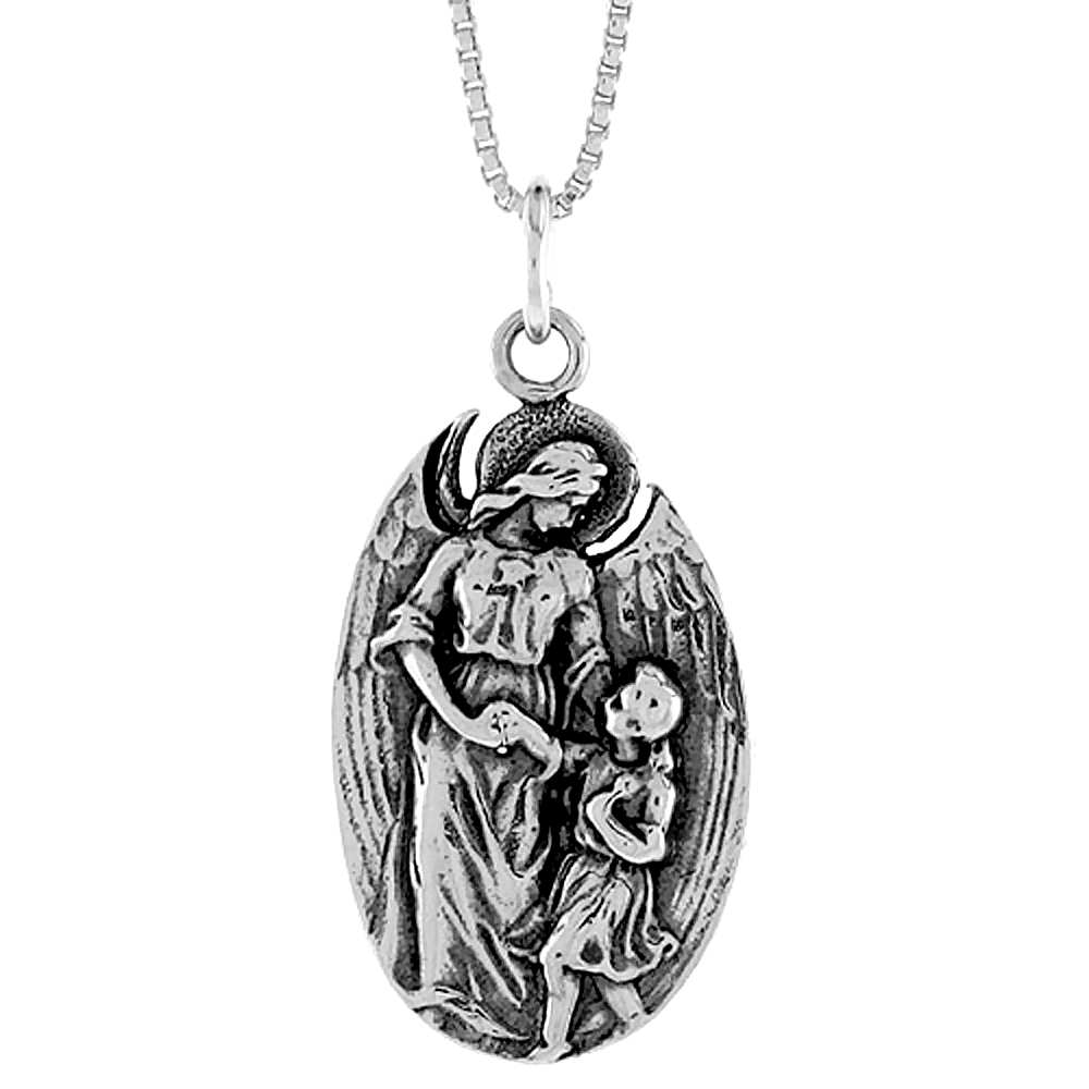 STERLING SILVER GUARDIAN ANGEL WITH CHILD MEDAL, 1 INCH