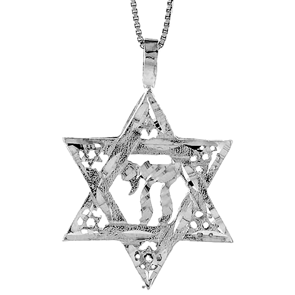 STERLING SILVER STAR OF DAVID WITH CHAI PENDANT, 1 1/4 INCH