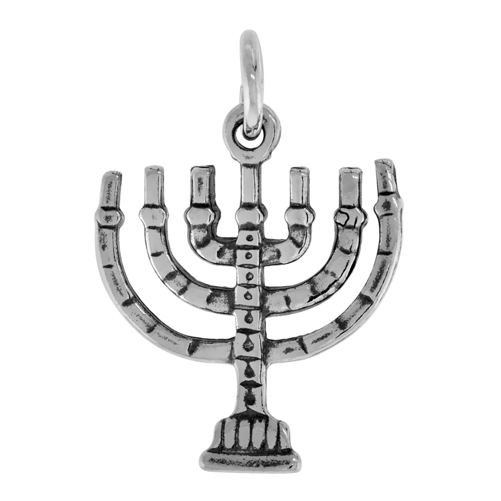 SMALL FLAT STERLING SILVER 7 BRANCH MENORAH NECKLACE FOR WOMEN OXIDIZED FINISH