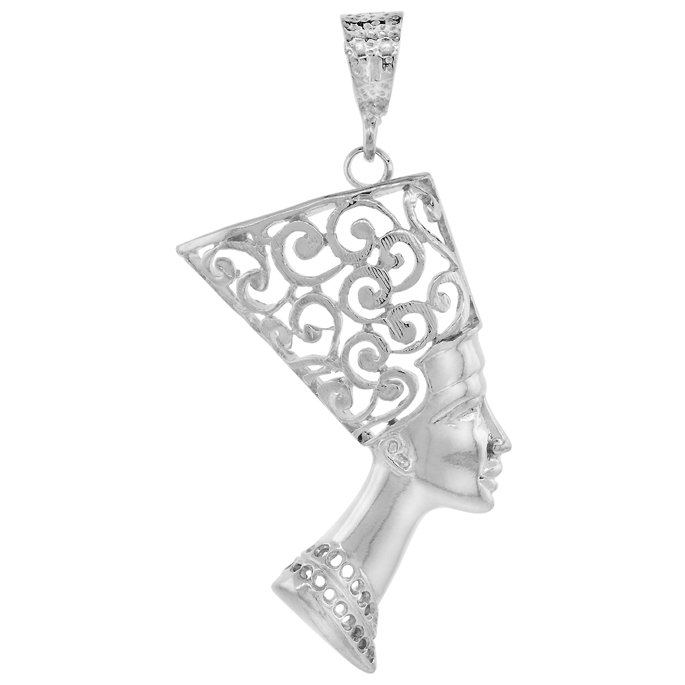 STERLING SILVER LARGE QUEEN NEFERTITI OF EGYPT PENDANT, 2 5/16 INCH