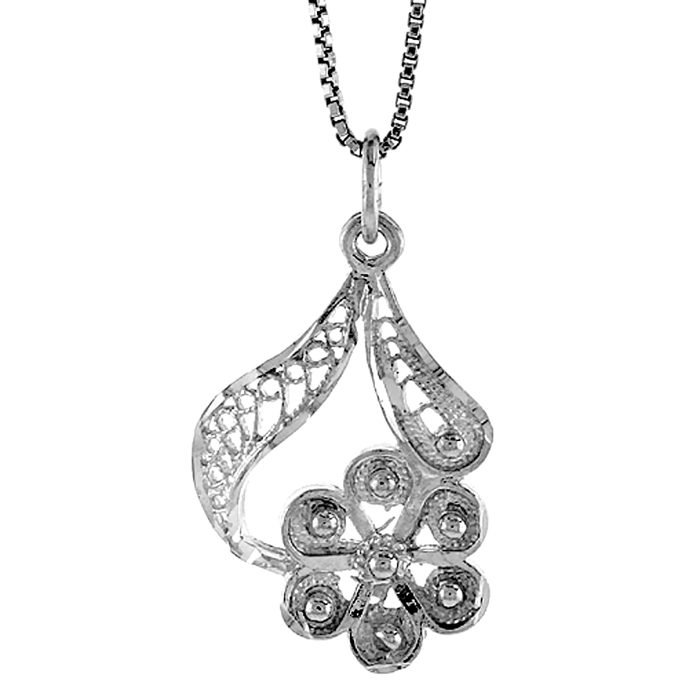 STERLING SILVER FLORAL FILIGREE PENDANT, 1 INCH TALL